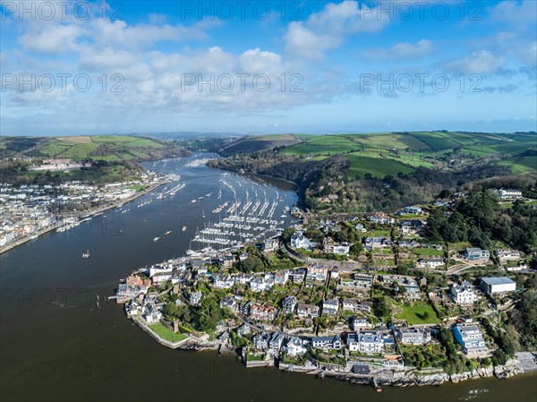 Dartmouth and Kingswear over River Dart from a drone, Devon, England, United Kingdom, Europe