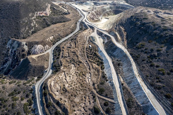 Mineral mining in the mountains near Apollonia, aerial view, Milos, Cyclades, Greece, Europe