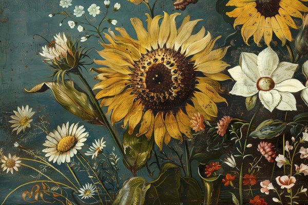 Illustration, sunflower, daisies and other flowers in different colours, AI generated, AI generated, AI generated