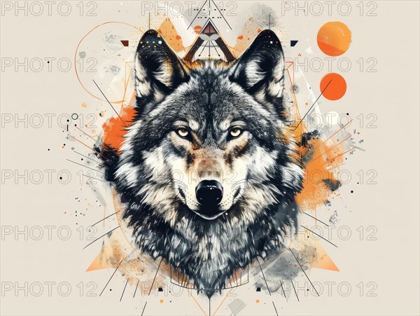 Illustration of a wolf with abstract geometric and splatter elements in warm fire tones, ai generated, AI generated