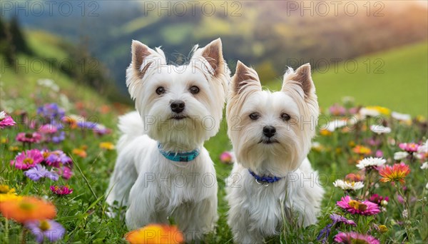KI generated, A white Yorkshire Terrier sits in a flower meadow, (Canis lupus familiaris)