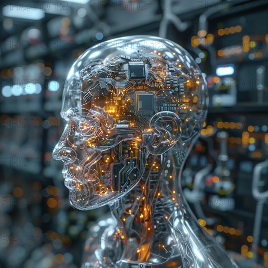 Medical a human head with brain and computer chip, symbol image KI in the human brain, ai generated, AI generated