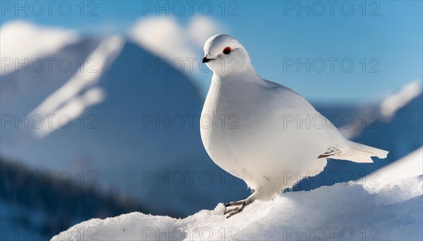 KI generated, A rock ptarmigan foraging in winter, white plumage, (Lagos muta), pheasants