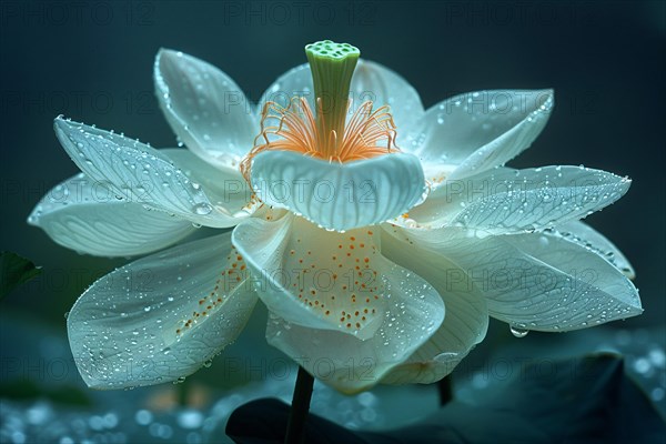 Macro shot of a blooming lotus flower covered in water droplets, AI generated