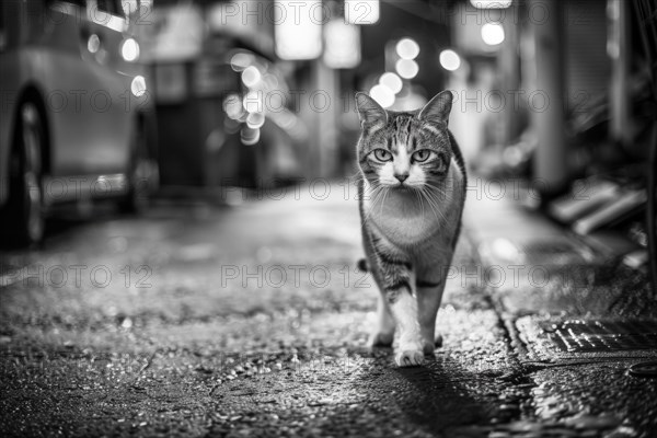 A domestic cat walks on a street, in a city, AI generated, AI generated, AI generated