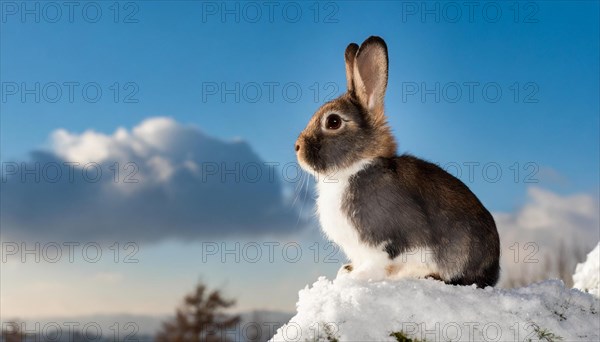 KI generated, A colourful dwarf rabbit in autumn, ice, snow, onset of winter, side view, (Brachylagus idahoensis)