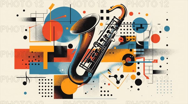 Abstract and geometric design centered around a saxophone with a modern flair, ai generated, AI generated