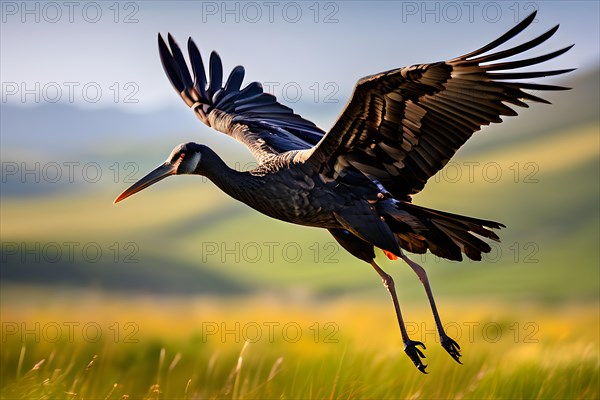 Black stork captured in mid flight wings outstretched, AI generated