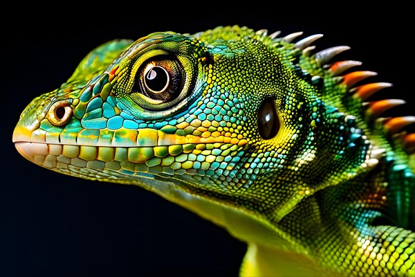 European green lizard portrait with its vibrant colors in hues of green and blue, AI generated