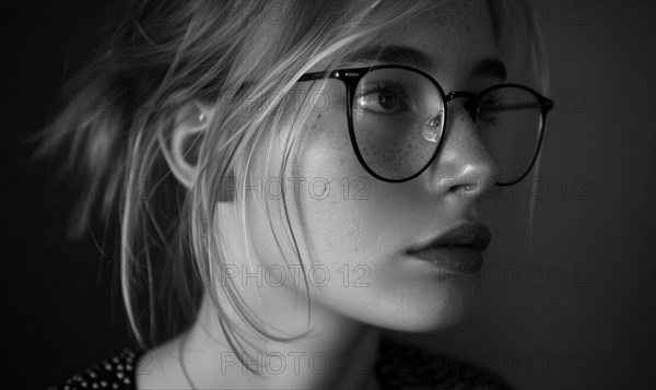 Close-up monochrome portrait of a woman with glasses looking thoughtful AI generated