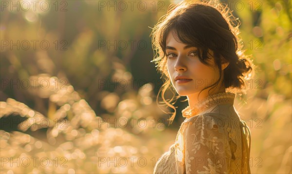 Woman bathed in golden hour light, looking serene in a dreamy field setting AI generated