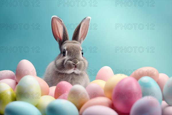 Bunny with many colorful painted Easter eggs in front of blue studio background. KI generiert, generiert AI generated