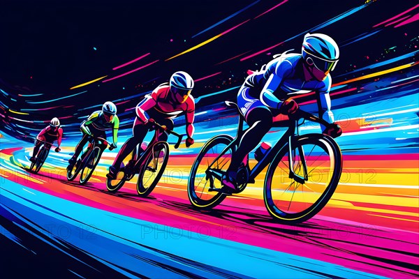 Cyclists in velodrome, neon color line art, AI generated