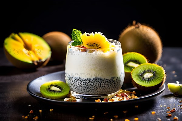 Chia seed pudding with distinct layers of mango puree garnished with a scattering of coconut flakes, AI generated