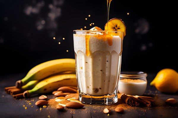 Creamy banana and almond milk smoothie in tall glass honey drizzle cascading, AI generated