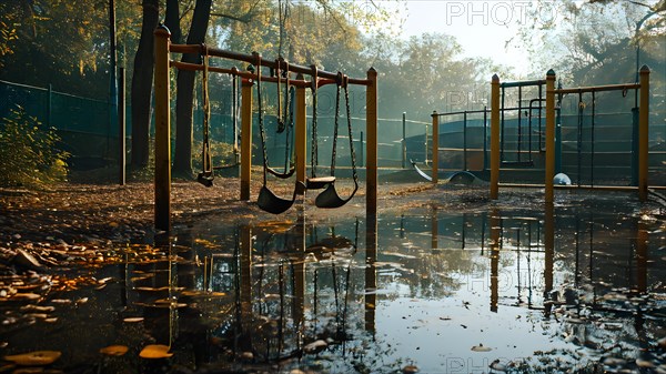 Abandoned playground partially submerged in water due to an overflowing, AI generated