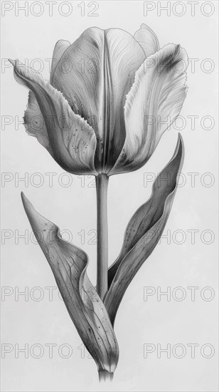 Detailed black and white botanical illustration of a tulip, ai generated, AI generated