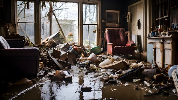 Interior of a flooded home furniture and personal items drenched, AI generated