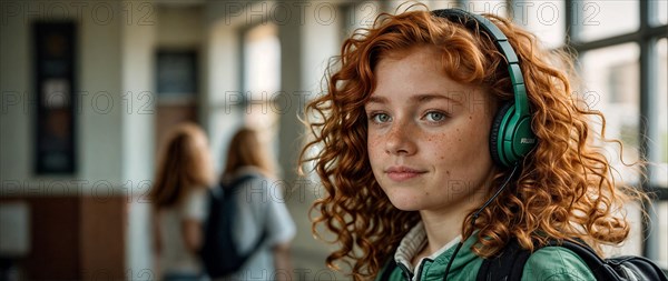 Red-haired young girl with frekles using headphones stands in a school corridor, gazing into the distance, wide horizontal aspect ratio, blurred sunny background with bokeh effect, AI generated