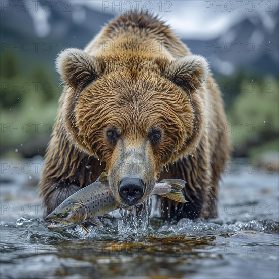 A brown bear hunts salmon in shallow clear water, AI generated