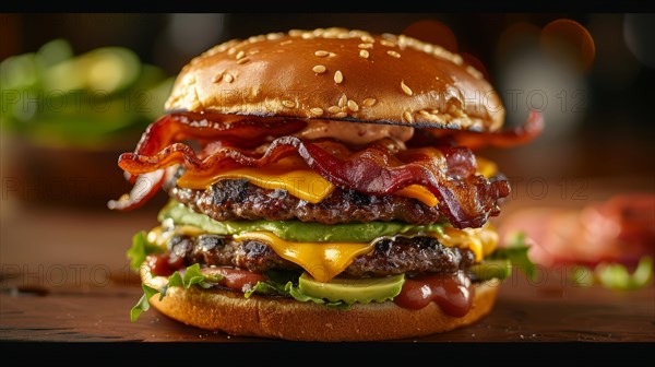 Gourmet triple cheeseburger with bacon, cheese, avocado, and lettuce on a sesame bun, ai generated, AI generated