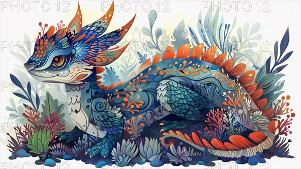 Vibrant and intricate art of a fantasy creature surrounded by colorful flora, ai generated, AI generated
