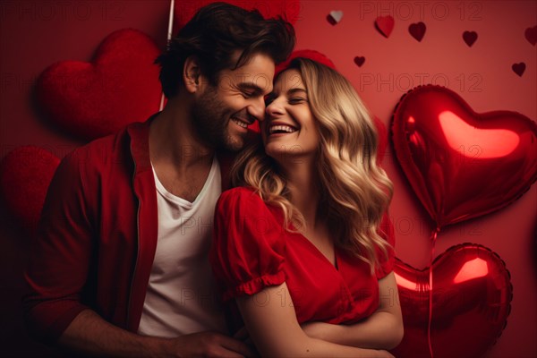 Romantic couple in love with red heart shaped Valentine balloons in background. KI generiert, generiert AI generated