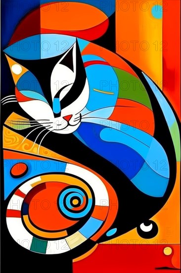 Colorful abstract representation of a cat with geometric patterns and bright tones, vertical aspect, AI generated