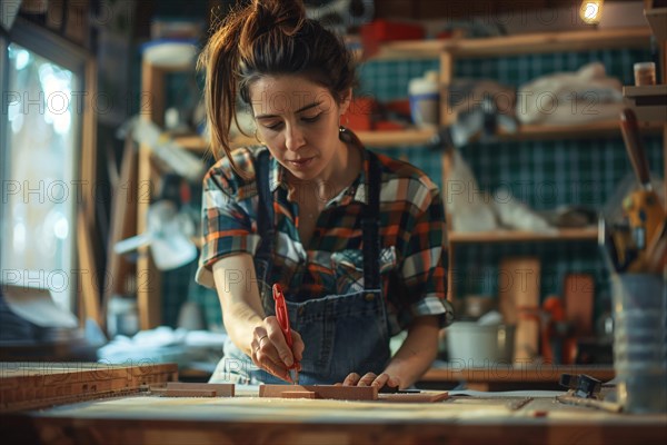 A focused carpenter measuring wood in a creative and illuminated workshop, AI generated