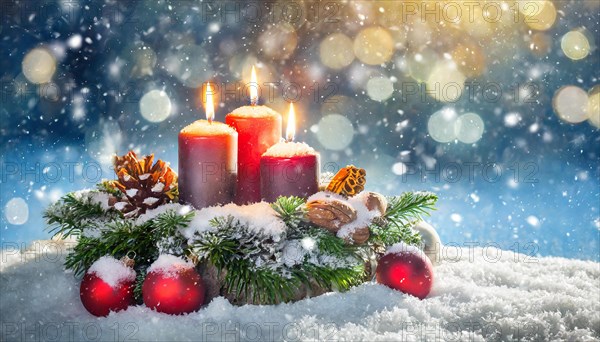 Ai generated, Advent wreath with burning candles, Christmas time, Christmas decoration, 3rd Advent, Third Advent