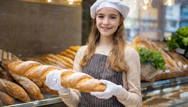 Ai generated, woman, 20, 25, years, shows, bakery, bakery shop, baquette, white bread, France, Paris, Europe