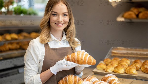 KI generated, woman, 20, 25, years, shows, bakery, bakery shop, baquette, white bread, croissant, France, Paris, Europe