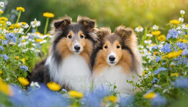 KI generated, Two long-haired collies lying in a colourful flower meadow, (Canis lupus familiaris), Lassie