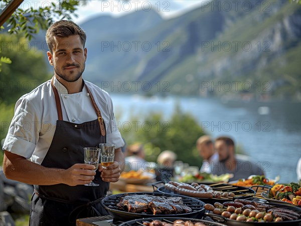 Barbecue party, guests with glasses in their hands stand around a chef who is grilling sausages and steaks, AI generated