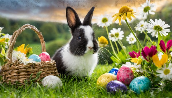 Ai generated, An Easter basket with coloured eggs in a meadow with colourful flowers, in the basket a black and white dwarf rabbit, symbolic image Easter, animal children