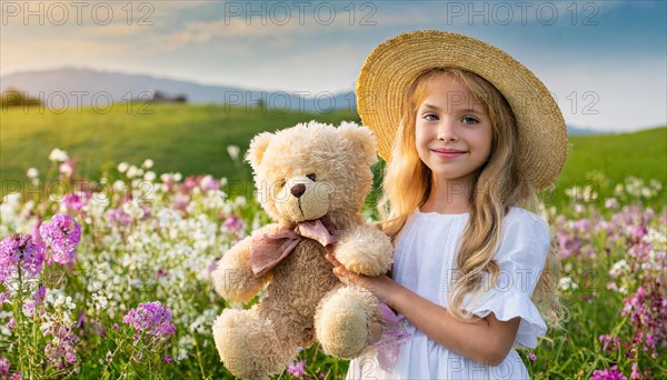 Ai generated, A blonde girl, 8 years old, enjoys the summer in a meadow with lots of flowers and is happy about her teddy bear, mascot