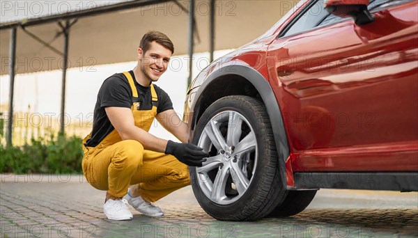 AI generated, A mechanic changes the tyres on a customer's car, tyre fitting, red car