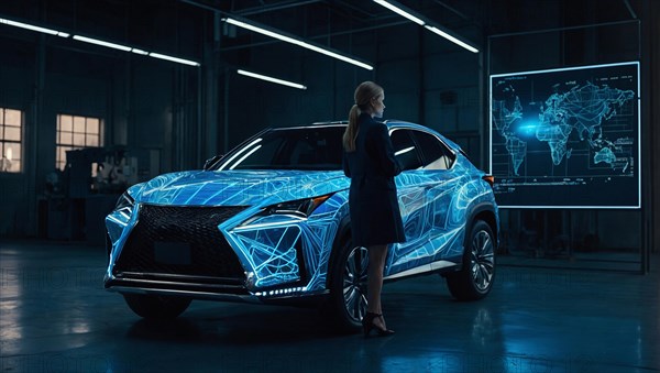 Female professional analyzing a holographic projection of a high-tech car in a design studio, AI generated