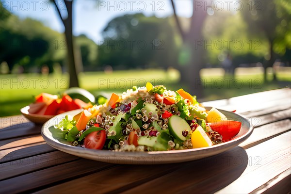 Quinoa salad abounding with colorful vegetables and lemon tahini dressing, AI generated