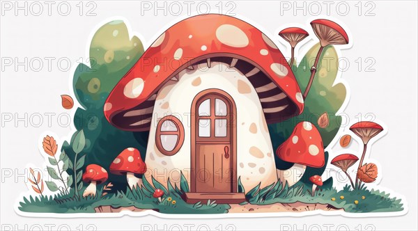 Flat style cartoon illustration of a red mushroom house with a wooden doorway and surrounding shrubbery, ai generated, AI generated