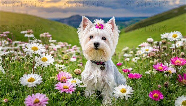 KI generated, A white Yorkshire Terrier sits in a flower meadow, (Canis lupus familiaris)