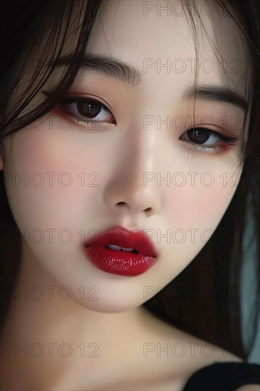 Portrait of beautiful young Asian woman with dark long hair, pale skin and red overdrawn lips. KI generiert, generiert AI generated