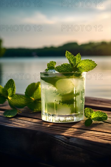 Classic mojito with fresh mint leaves resting on a weathered wooden dock calm lake waters extending, AI generated