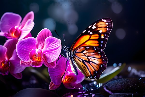 Butterfly alighting on a vivid orchid epitome, AI generated