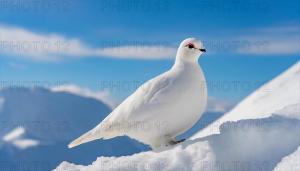 KI generated, A rock ptarmigan foraging in winter, white plumage, (Lagos muta), pheasants