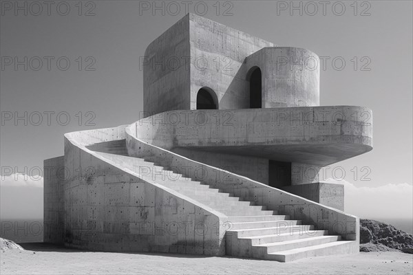 Monochrome image of a modern geometric concrete structure with stairs, AI generated