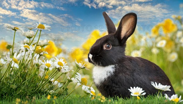 KI generated, A black and white dwarf rabbit in a meadow with white and yellow flowers, spring, side view, (Brachylagus idahoensis)