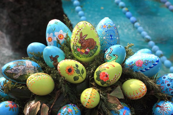 Detail of an Easter fountain in Franconian Switzerland, Bamberg district, Upper Franconia, Germany, many colourful blown-out and dyed eggs as decoration, Easter custom, Europe