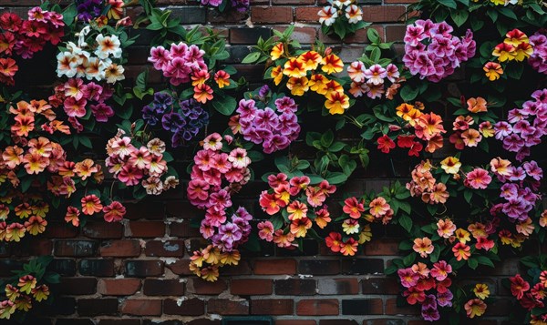 A wall covered in a vibrant array of blooming flowers representing nature in an urban setting AI generated