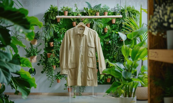 A neutral-toned jacket on a hanger in a room filled with lush houseplants AI generated